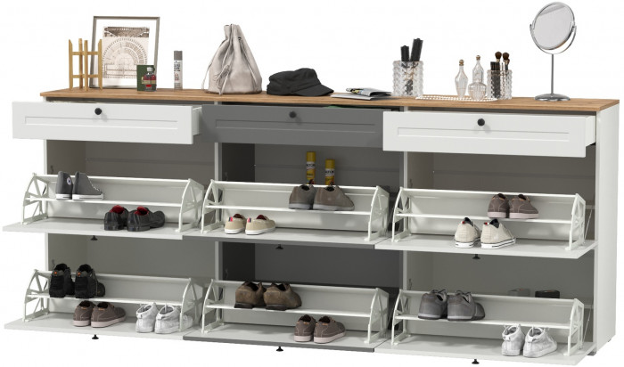 Остин 16.121 Тумба для обуви + 16.121 Тумба для обуви + 16.121 Тумба для обуви, белый шагрень/дуб крафт золотой