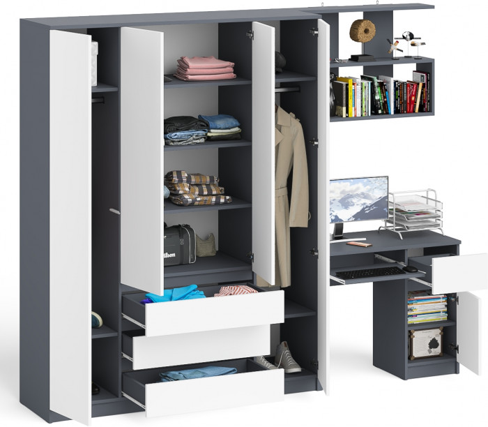 Мори Стол компьютерный МС-1 правый + Шкаф МШ1600.1 + Полка 900, цвет графит/белый, ШхГхВ 250,4х50,4х209,6 см., НЕ универсальная сборка