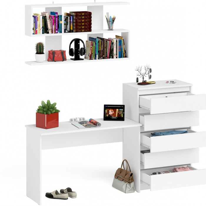 Мори письменный стол МСП1200.1 + Комод МК700.5 + Полка 1200, белый