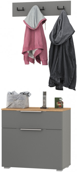 Октава 16.127 Тумба для обуви + 15.14.02 Вешалка, серый графит/дуб крафт золотой/фасады МДФ серый графит