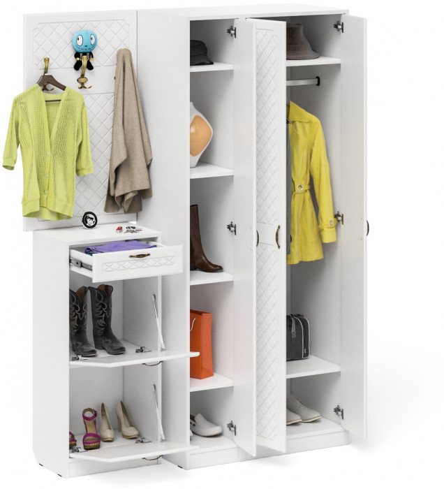 Прихожая П-6 Компоновка № 50, белая шагрень/фасады МДФ белое дерево фрезеровка ромб