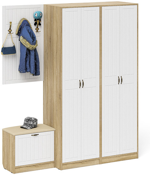 Прихожая П-6 Компоновка № 09, цвет дуб сонома/фасады МДФ белое дерево фрезеровка прованс, ШхГхВ 180х50х210 см., универсальная сборка