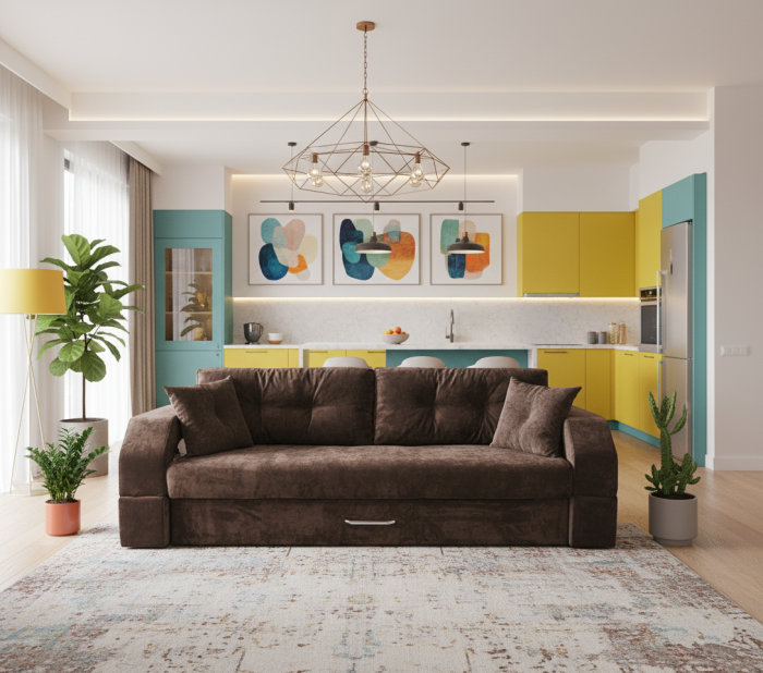 Диван-еврокнижка Манчестер, пружинный блок, 150х195, подсветка, велюр коричневый