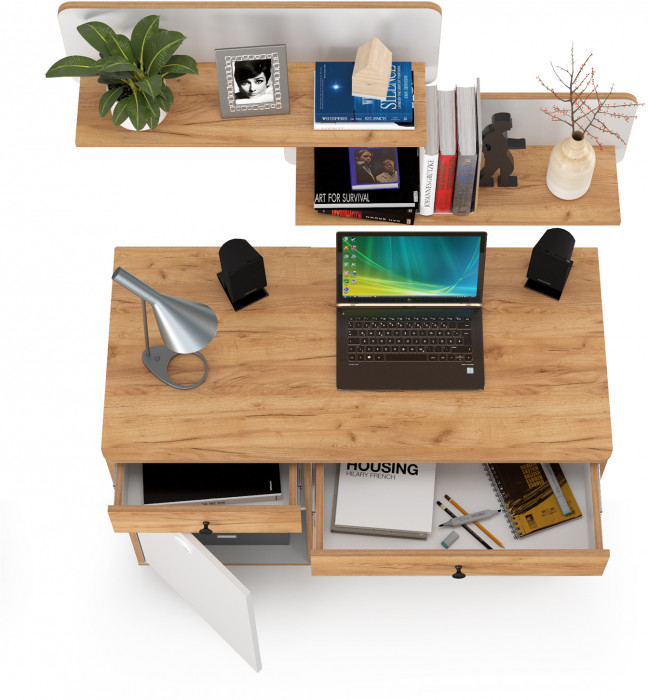 Вуди письменный стол 12.42 + 2хПолка 15.46, белый премиум/дуб крафт золотой