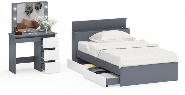 Ксения Кровать с ящиками 1200 + Стол косметический с подсветкой Сура, графит/белый