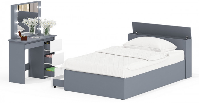 Ксения Кровать с ящиками 1200 + Стол косметический с подсветкой Сура, графит/белый