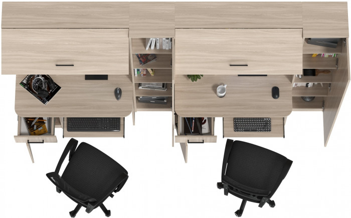 Два стола рабочих 6-0603 Альфа + два кресла 103 чёрных, цвет ясень шимо светлый, ШхГхВ 274х61х181 см., универсальная сборка