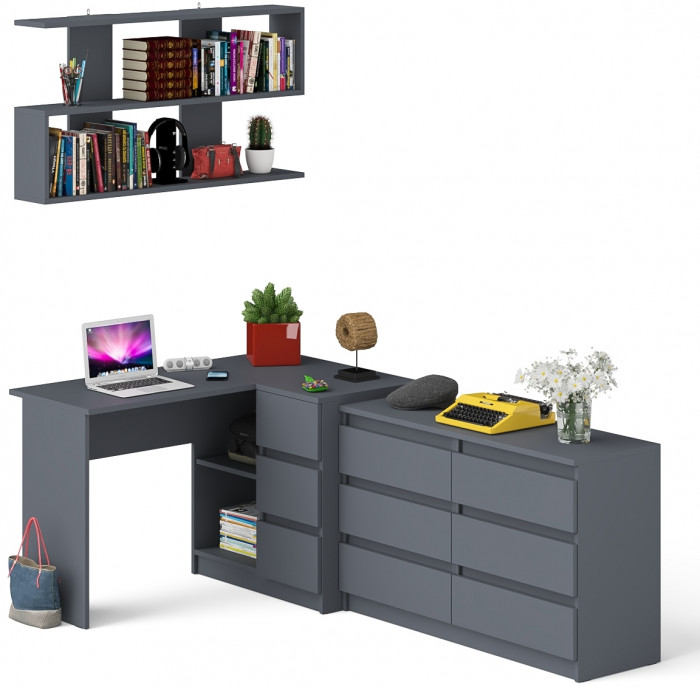 Мори компьютерный стол МС-16 правый + Комод МК1200.6 + Полка 1200, графит