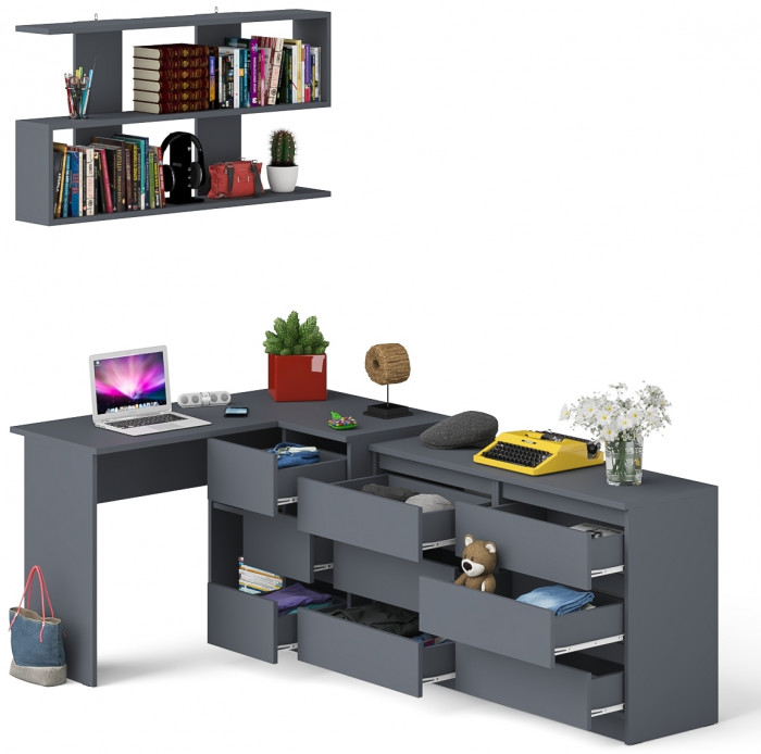 Мори компьютерный стол МС-16 правый + Комод МК1200.6 + Полка 1200, графит
