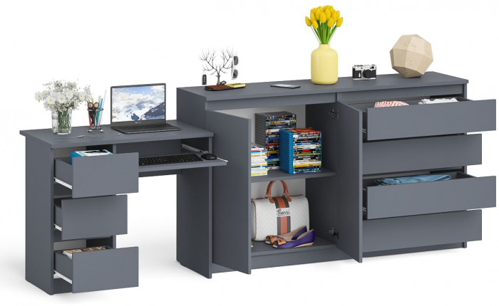Мори компьютерный стол МС-6 левый + Комод МК1600.1, графит