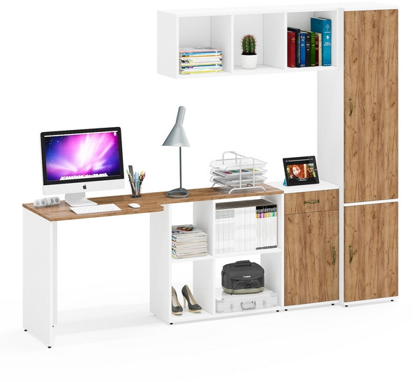 Лидер-8 Стол + Полка + Тумба МД 3.15 + Пенал МД 22Б, цвет белый шагрень/крафт золото, ШхГхВ 245х50/37,5х75/190 или 115х160/50х75/190 см., НЕ ун. сб.