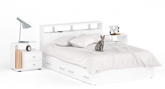 Камелия Кровать с ящиками 1400 + две тумбы, белый