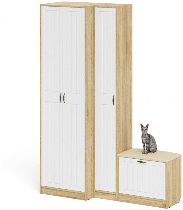 Прихожая П-6 Компоновка № 25, дуб сонома/фасады МДФ белое дерево фрезеровка прованс