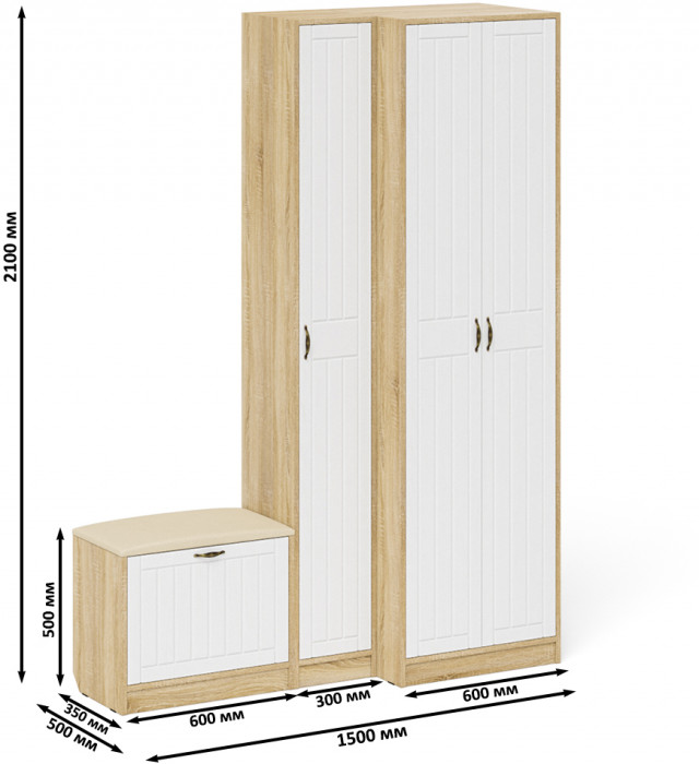Прихожая П-6 Компоновка № 25, дуб сонома/фасады МДФ белое дерево фрезеровка прованс