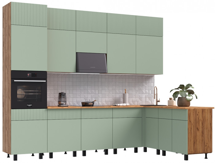 Кухня Оливия NEW 3,0х1,8/1080м Компоновка №2, Крафт золотой/Олива софт