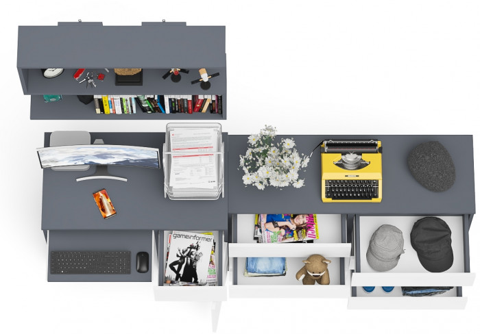 Мори компьютерный стол МС-1 правый + Комод МК1200.6 + Полка 900, графит/белый