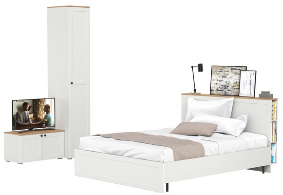 Остин 11.53 Кровать + ортопед + 13.225 Шкаф-пенал + 13.257 Тумба, белый шагрень/дуб крафт золотой