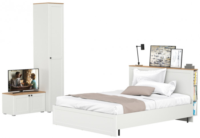 Остин 11.53 Кровать + ортопед + 13.225 Шкаф-пенал + 13.257 Тумба, белый шагрень/дуб крафт золотой