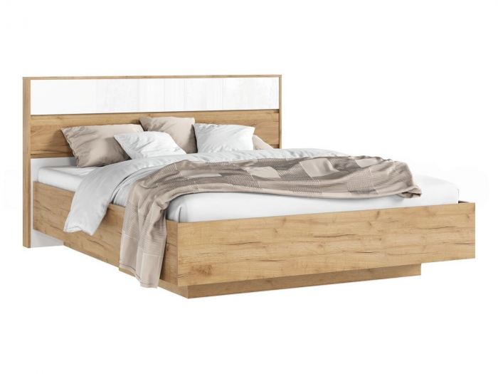 Роджинамиф Кровать парящая 160 с ПМ с подсветкой, белый глянец холодный/дуб крафт