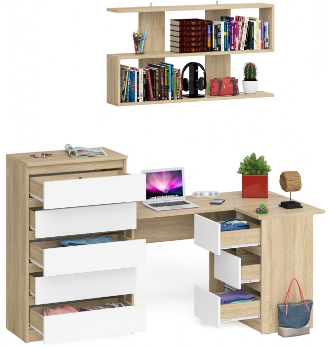 Мори компьютерный стол МС-16 правый + Комод МК700.5 + Полка 1200, дуб сонома/белый