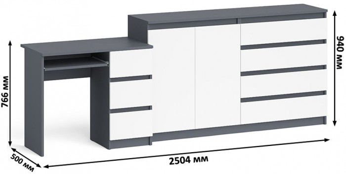Мори компьютерный стол МС-6 правый + Комод МК1600.1, графит/белый
