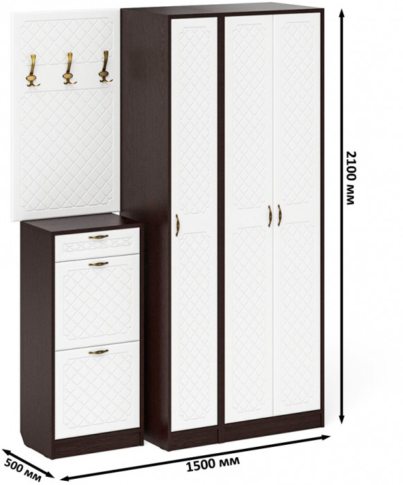 Прихожая П-6 Компоновка № 50, венге/фасады МДФ белое дерево фрезеровка ромб