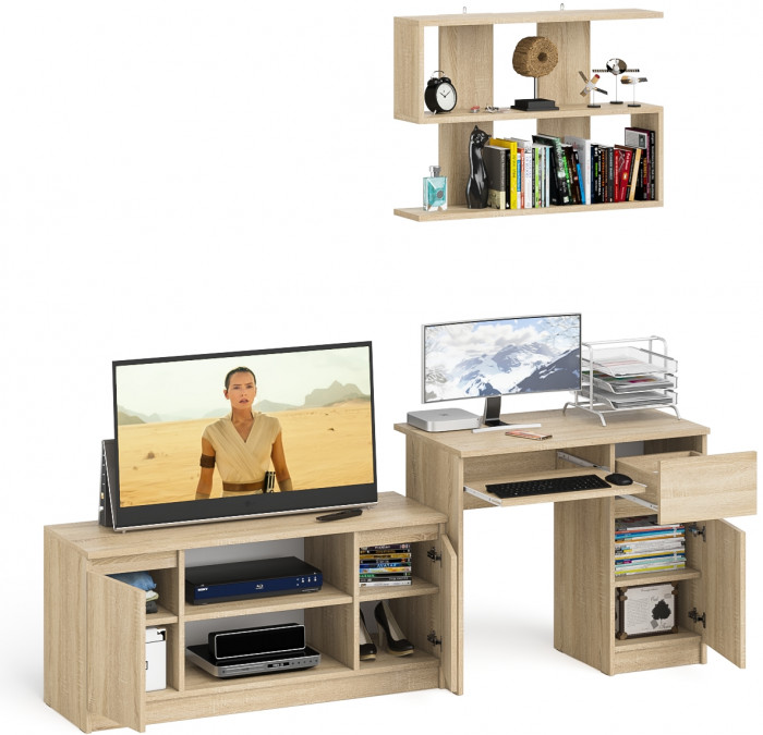Мори компьютерный стол МС-1 правый + Тумба МТВ1200.1 + Полка 900, дуб сонома