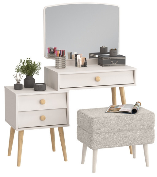 Афина Спальня 4-25901М1к.с. Трюмо + Банкетка 6-5138ТКШсв.серый Тифани, цвет кашемир серый/ткань светло-серая, ШхГхВ 105х38,6х129 + 55х33х46 см, ун. сб