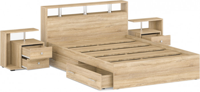 Камелия Кровать с ящиками 1400 + две тумбы, дуб сонома
