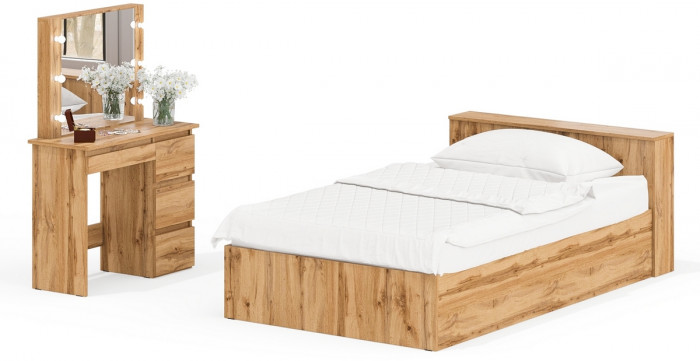 Ксения Кровать с ящиками 1200 + Стол косметический с подсветкой Сура, дуб вотан