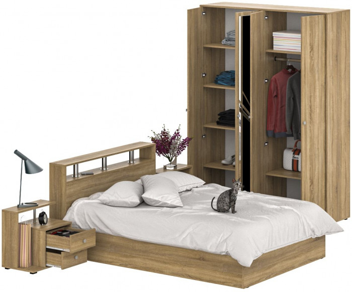 Камелия спальня № 1 Кровать 1400 + Две тумбы + Шкаф 4-х створчатый, цвет дуб сонома, сп.м. 1400х2000 мм., б/м, основание есть