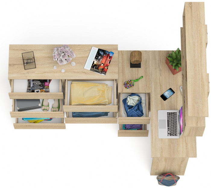 Мори компьютерный стол МС-16 левый + Комод МК1200.8 + Полка 1200, дуб сонома