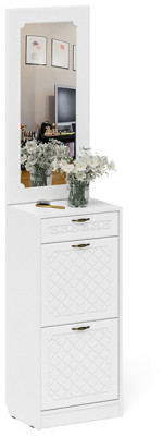 Прихожая П-6 Тумба для обуви 2 секции + Зеркало, цвет белая шагрень/фасады МДФ белое дерево фрезеровка ромб, ШхГхВ 50х35х210 см.