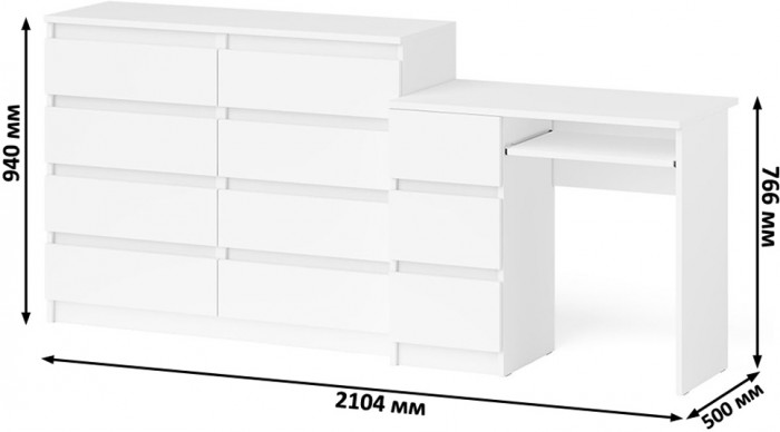 Мори Стол компьютерный МС-6 левый + Комод МК1200.8, цвет белый, ШхГхВ 210,4х50х94 см., выдвижные ящики слева, НЕ универсальная сборка