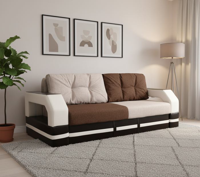 Диван-еврокнижка Манчестер, пружинный блок, 150х195, велюр/экокожа бежево-коричневый