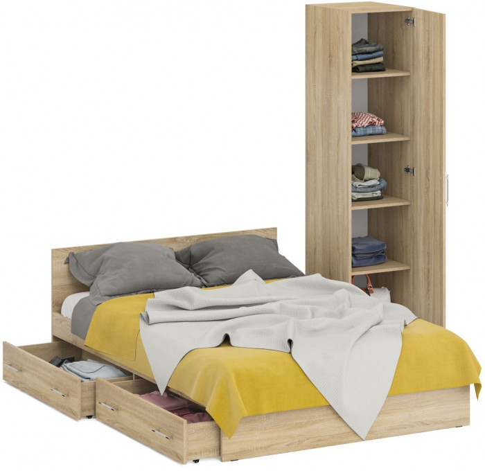 Кровать с ящиками 1400 + Пенал Стандарт, дуб сонома