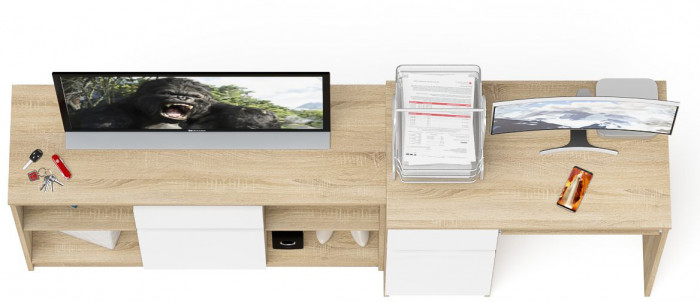 Мори компьютерный стол МС-1 левый + Тумба МТВ1204.1, дуб сонома/белый