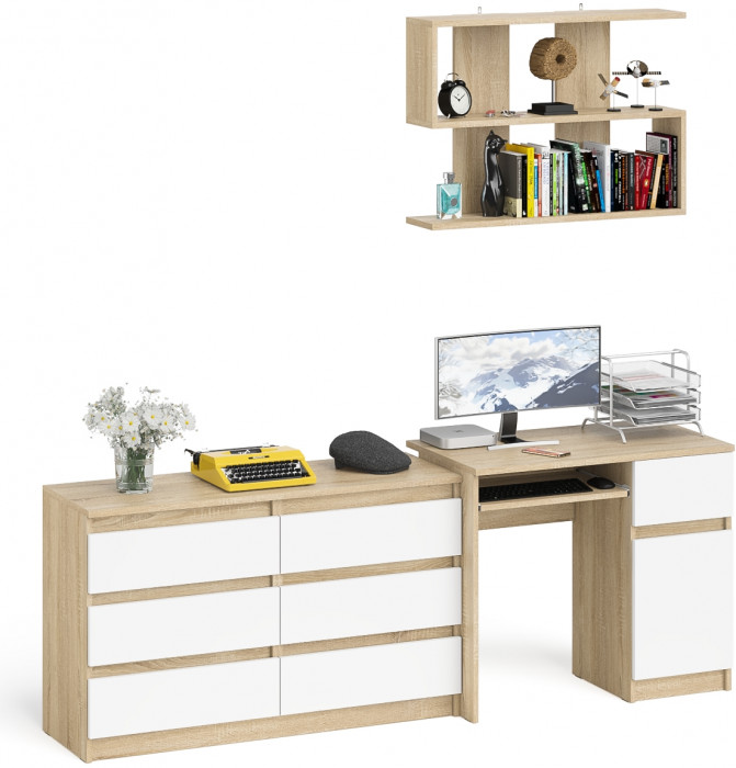 Мори компьютерный стол МС-1 правый + Комод МК1200.6 + Полка 900, дуб сонома/белый