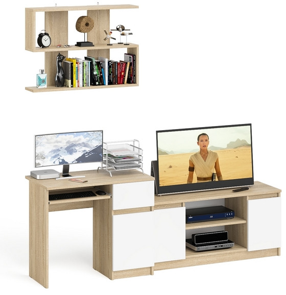 Мори компьютерный стол МС-1 правый + Тумба МТВ1200.1 + Полка 900, дуб сонома/белый