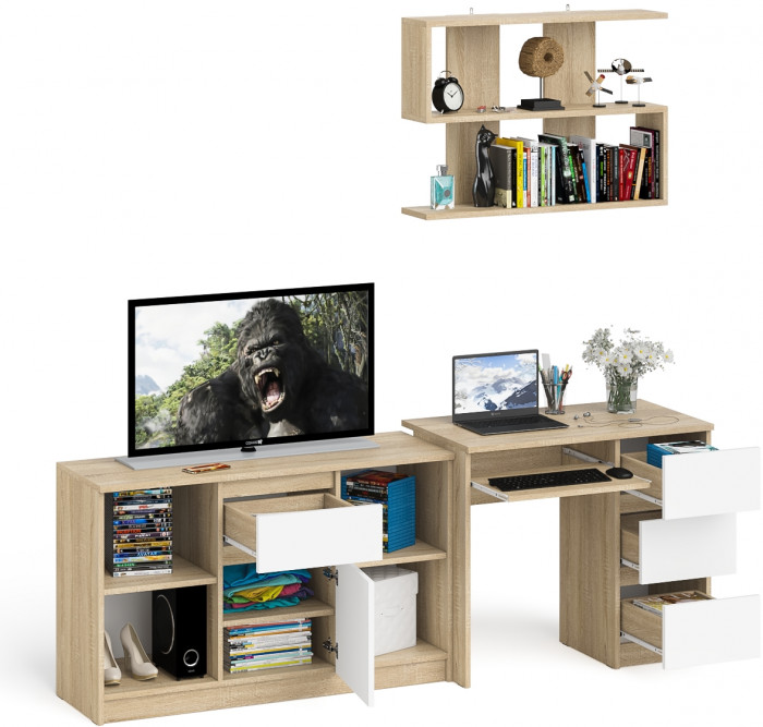 Мори компьютерный стол МС-6 правый + Тумба МТВ1204.1 + Полка 900, дуб сонома/белый