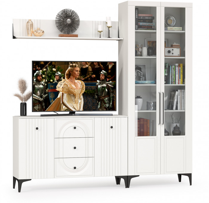 Валенсия Гостиная № 096, цвет ЛДСП белый шагрень/МДФ белый шагрень, ШхГхВ 217,3х38,4х225,2 см., универсальная сборка