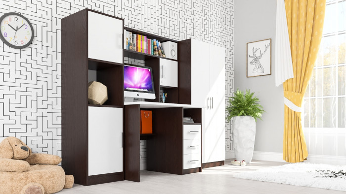 Стол компьютерный С-МД-СК9+Пенал С-МД-СК9П+Шкаф С-МД-СК9Ш, цвет венге/белый шагрень, ШхГхВ 215х70х160 см., НЕ универсальная сборка