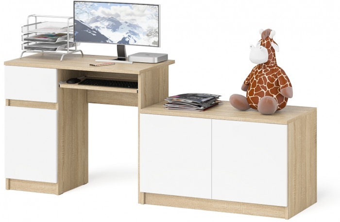 Мори компьютерный стол МС-1 левый + Тумба МА900.1, дуб сонома/белый