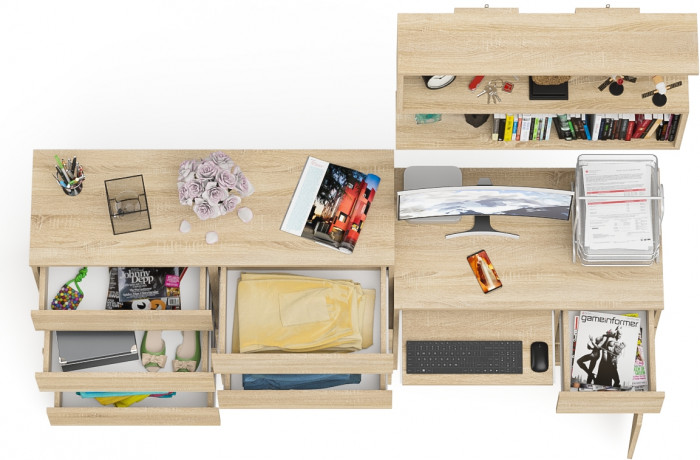 Мори компьютерный стол МС-1 правый + Комод МК1200.8 + Полка 900, дуб сонома