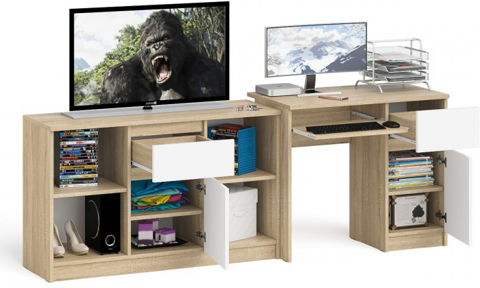 Мори компьютерный стол МС-1 правый + Тумба МТВ1204.1, дуб сонома/белый