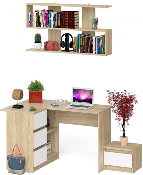 Мори компьютерный стол МС-16 левый + Тумба ТМП400.1 + Полка 1200, дуб сонома/белый