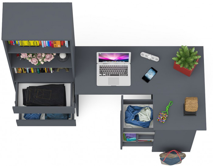 Мори Стол компьютерный МС-16 правый + Стеллаж МСТ600.3, цвет графит, ШхГхВ 184,8х84,9х179,6 см., выдвижные ящики справа, НЕ универсальная сборка