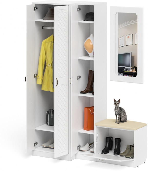 Прихожая П-6 Компоновка № 26, белая шагрень/фасады МДФ белое дерево фрезеровка ромб