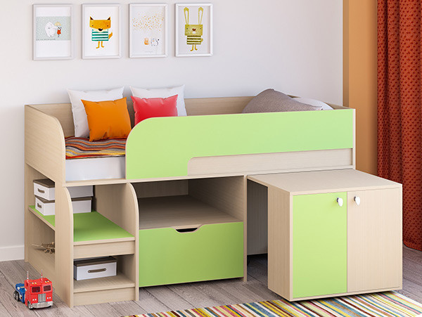 Кровать чердак Астра 9 V9 Дуб молочный/Салатовый