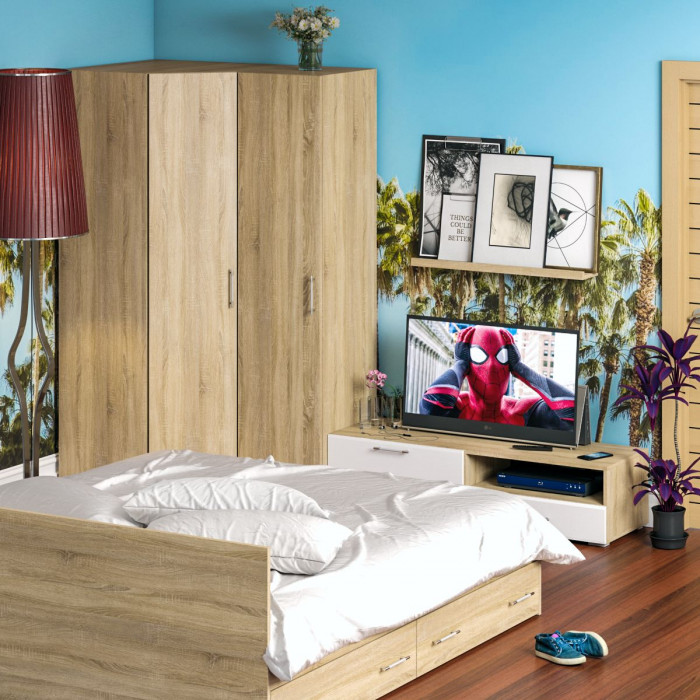 Спальня Стандарт 4-1800Я, дуб сонома/фасады ТВ тумбы МДФ белый глянец